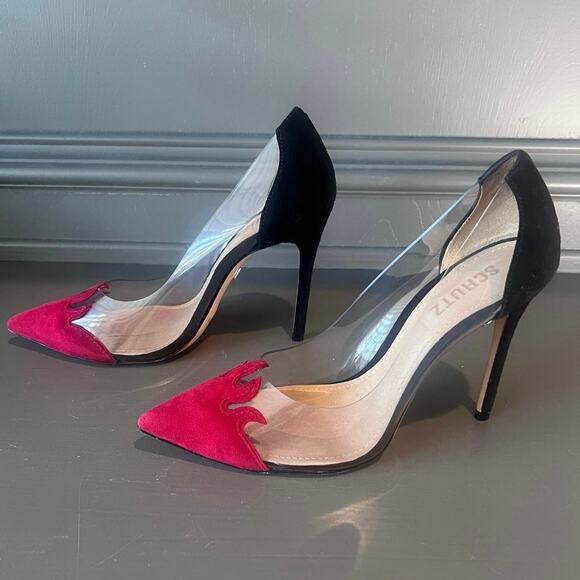 Schutz DEN Flame Pointy‑Toe Clear Pumps Red/Black Suede Sz 7.5 Brazil Edgy Vamp - Picture 6 of 8